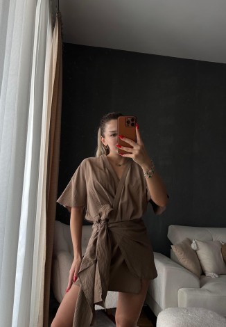 Loew Yandan Bağlamalı Vizon Elbise 